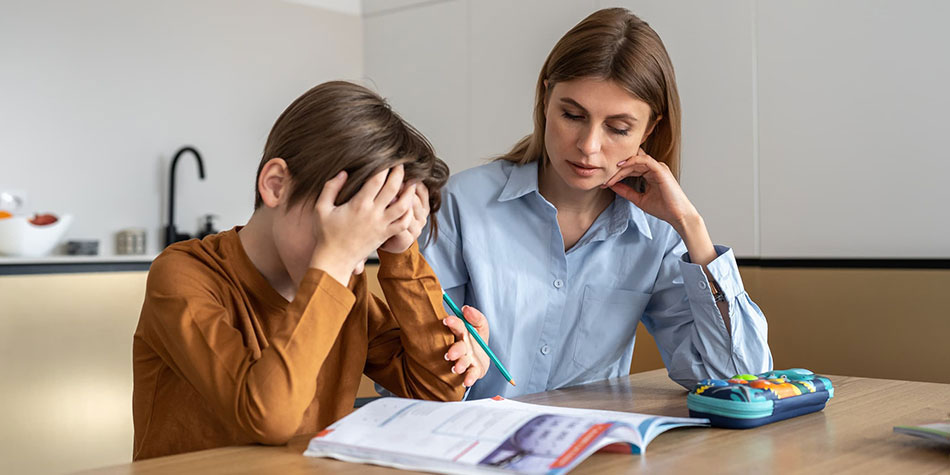 Woman helping her child with his homework